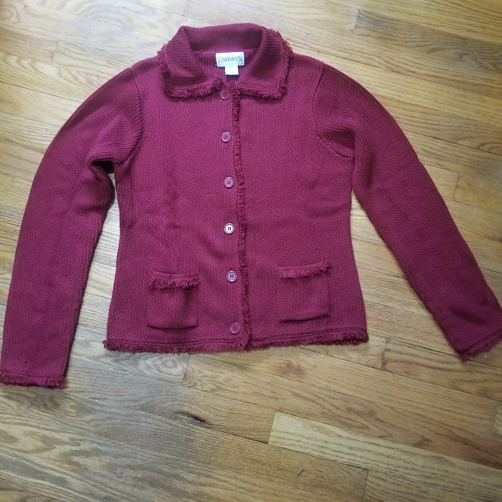 Chadwicks Acrylic Fringe Womens Knit Med Button Front  Cardigan Sweater Deep Red